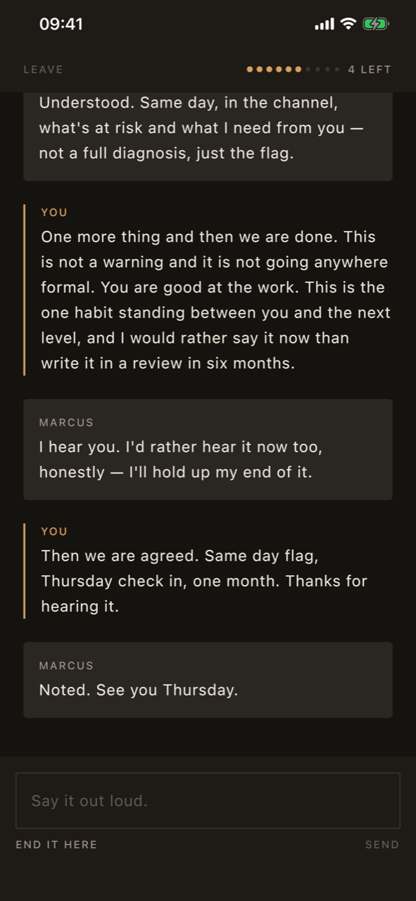 A rehearsal in progress: the counterpart's reply, the user's own message, and a turn counter running down.