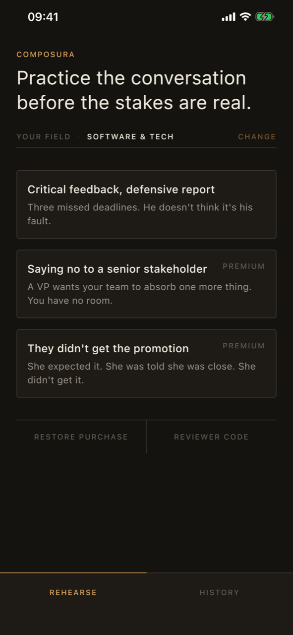 The Composura scenario list, showing the three situations available to rehearse.